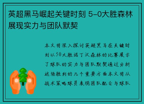 英超黑马崛起关键时刻 5-0大胜森林展现实力与团队默契 英超黑马崛起关键时刻 5-0大胜森林展现实力与团队默契