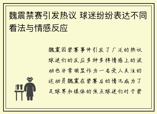 魏震禁赛引发热议 球迷纷纷表达不同看法与情感反应